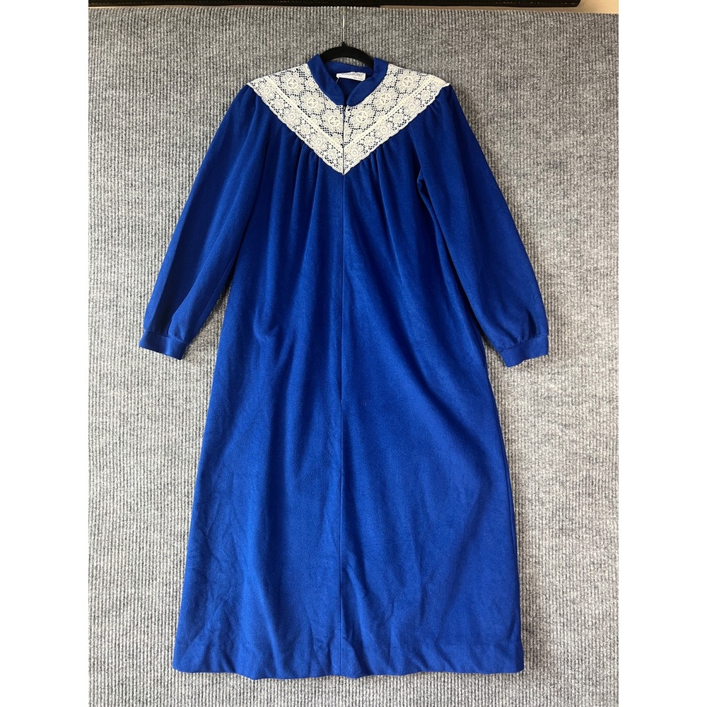 Vassarette Vintage 80s Blue Velour Robe M White Lace Cottagecore Grannycore Midi